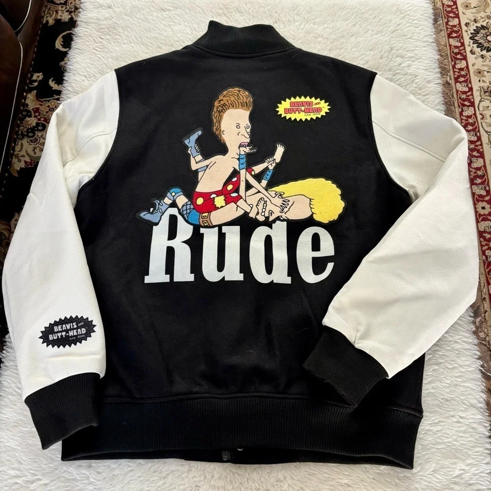 Davis & Butt Head  Black and White Leather / Fabric Bomber Jacket size XL